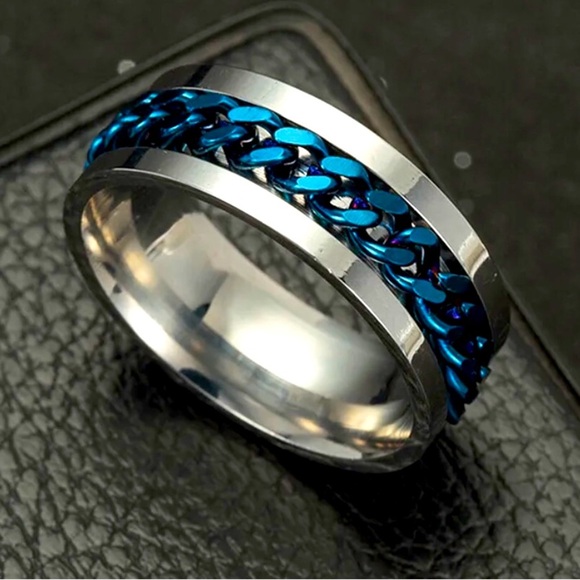 Stainless Steel Blue Chain Fidget Spinner Anxiety Ring - Size 9 - Picture 3 of 3